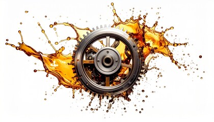 Abstract metal mechanical form with liquid splash, isolated on white background, minimalist commercial stock image
