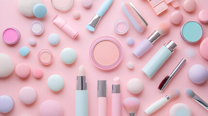 Aesthetic Beauty and Makeup Cosmetics Flat Lay with Pastel Brushes on Blue Background