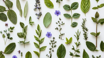 Fresh Culinary Herbs and Botanical Leaves Collection on White Background for Cooking