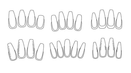 Line art illustration of various coffin shaped nail designs, showcasing different styles and lengths in a top-down view