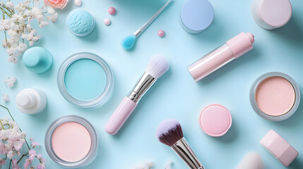 Aesthetic Beauty and Makeup Cosmetics Flat Lay with Pastel Brushes on Blue Background