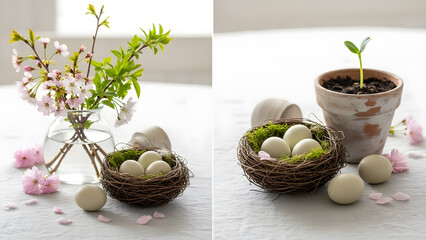 A composition featuring cherry blossoms in a glass vase and bird nests with pale blue eggs on a linen cloth