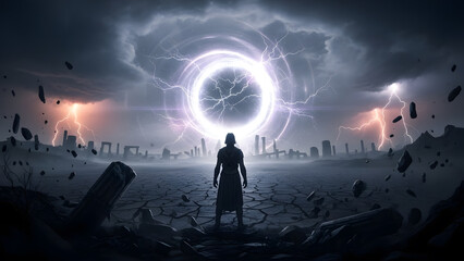 A lone figure standing on cracked earth looking towards a massive glowing electrical portal in a dark stormy sky