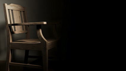 A dramatic high contrast shot of a vintage wooden armchair partially illuminated in a dark room