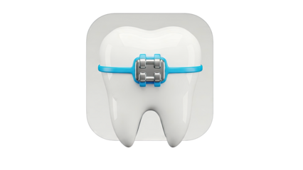Close-up of a white tooth with blue and silver dental braces