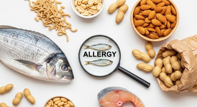 Overhead shot features diverse fish products and peanuts, highlighting 'allergy' under a magnifying glass against a white background, emphasizing food allergy risks.