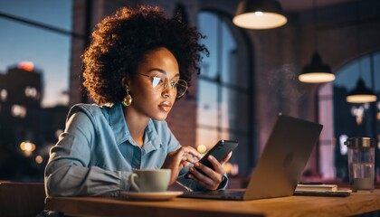 Young african american woman working on a laptop and smartphone in a cozy cafe with warm lighting, concept for remote work, technology and lifestyle.