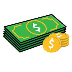 Money icon. Stacks of dollar bills and coins. Economy, business, accounting. Isometric design style.