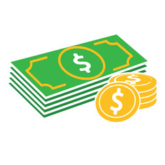 Money icon. Stacks of dollar bills and coins. Economy, business, accounting. Flat design style.