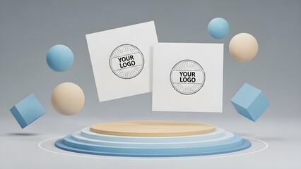 Modern 3d scene with floating geometric shapes and a podium for brand logo display