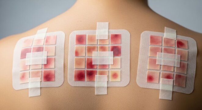 Close up shows patch tests on a back with grid markings, revealing skin reactions. Allergy testing in a medical setting displays multiple red and inflamed test spots under white adhesive patches.