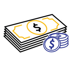 Money icon. Stacks of dollar bills and coins. Economy, business, accounting. Outline design style.