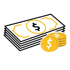 Money icon. Stacks of dollar bills and coins. Economy, business, accounting. Mixed design style.