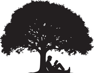 Person reading a book under tree silhouette vector black on a white background
