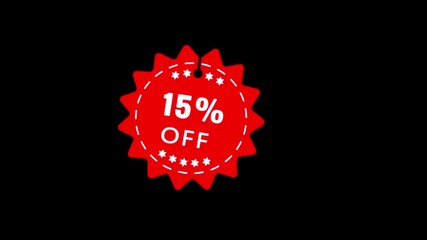 A red starburst shaped tag with white text indicating fifteen percent off and a dashed border with small stars around the edge on a black background