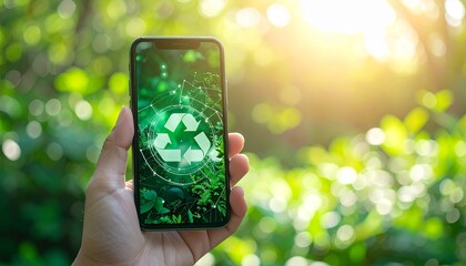 Sustainable smartphone made from recycled materials, green energy symbols, soft natural lighting, futuristic eco-tech background, clean and modern style