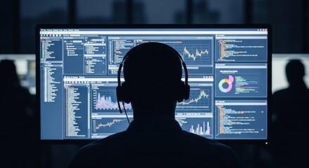 Back view of a person wearing a headset silhouetted against a large screen filled with data charts and graphs in a dark environment with blue lighting.