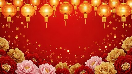 Chinese New Year decoration with red and gold lanterns and roses on red background