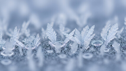 Extreme close up of delicate frost and ice crystals on a cold surface
