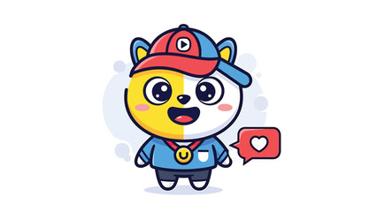 Adorable Cartoon Bear Mascot with Cap and Like Icon.