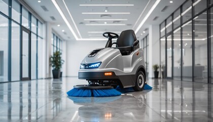 An industrial floor-cleaning machine in a bright, modern office hallway, showcasing professional cleaning services, concept for facility management, commercial maintenance, and hygiene.