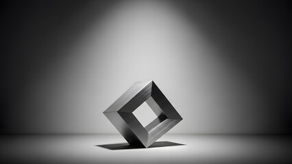 A hollow square metal object balanced on its corner under a spotlight