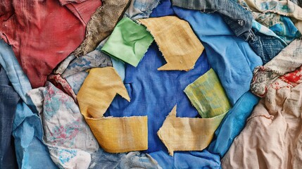  Sustainable Textile Recycling Concept with Recycle Symbol on Pile of Used Clothing