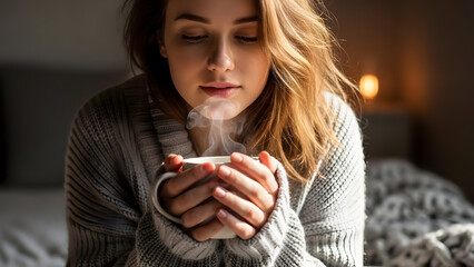 Young woman holding a steaming cup of coffee or tea wearing a sweater