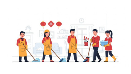 A vector illustration of five people cleaning with brooms and a bucket in a room with Chinese New Year decorations