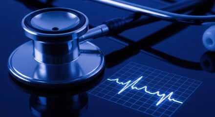 A stethoscope resting on a dark blue surface beside a heart rhythm pattern suggests a focus on medical diagnostics and cardiac health, detailed and shadowed.