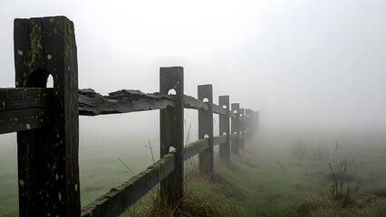 An old wooden fence disappearing into thick white fog over a field
