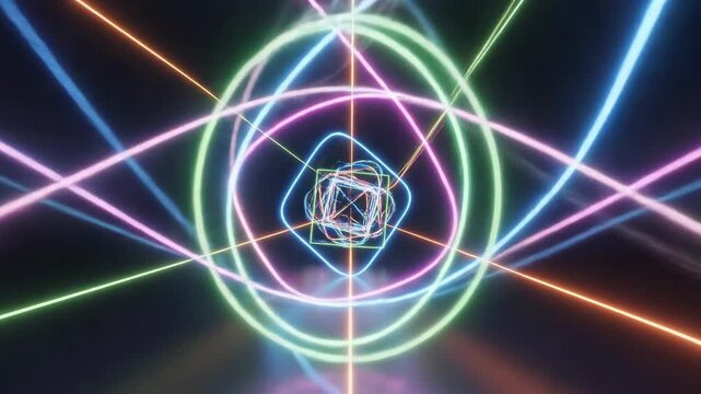 Abstract light trails neon lines dancing against dark background