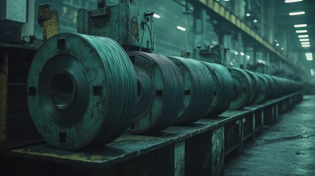 Industrial steel cable rollers in a large factory