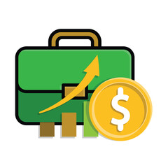 Finance icon. Briefcase with dollar coins and an upward graph. Economy, business, accounting. Isometric design style.
