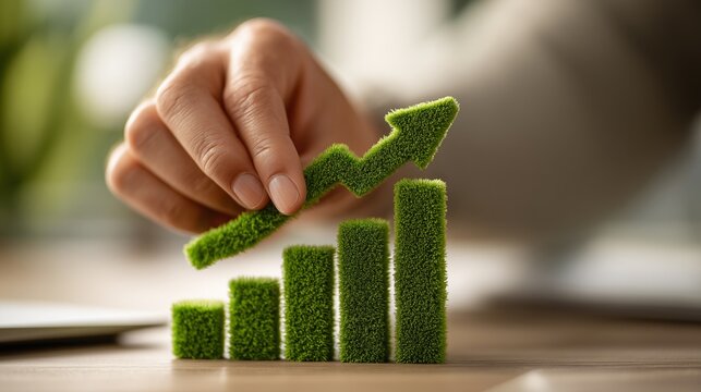 Hand placing a grass-covered arrow on a bar chart representing ecological business growth - Powered by Adobe