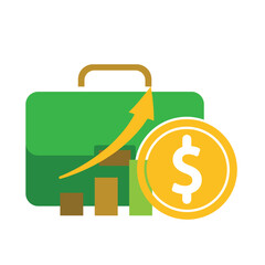 Finance icon. Briefcase with dollar coins and an upward graph. Economy, business, accounting. flat design style.