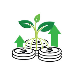 investment icon. stack of dollar coins with a plant on top and an up arrow. economy, business, accounting. mixed design style