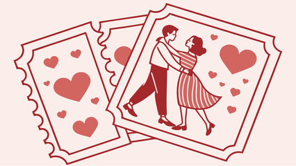 Romantic couple dancing on Valentine's Day tickets with hearts