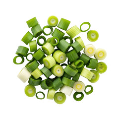 A vibrant pile of freshly chopped green onions, bright green with white bases, in a flat lay on a transparent background with copy space, natural goodness concept.