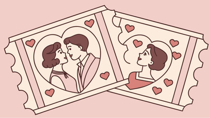 Romantic couple sharing tender moment on vintage tickets with hearts