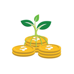 investment icon. stack of dollar coins with plants on top. economy, business, accounting. isometric design style