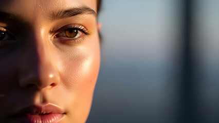 Macro shot of a woman's face highlighting her eye and skin texture in warm light
