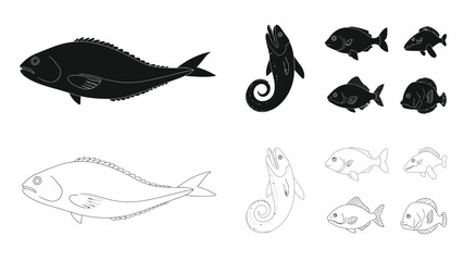 Black and white illustrations of various fish species in different styles © akbar