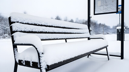 Side view of a metal and wood bench heavily piled with fresh thick snow