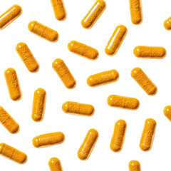 Vibrant yellow translucent gelatin capsules with orange-yellow powder, scattered organically on a pristine seamless transparent background with copy space, soft studio light, natural wellness concept