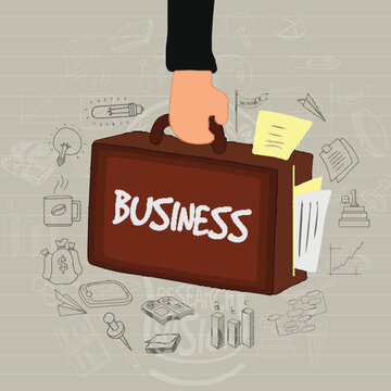 illustration of a businessman brief case with various business infographic elements on