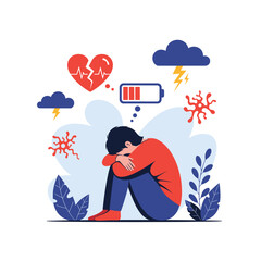 Depressed young man sits alone on the floor surrounded by symbols of a broken heart, low battery, and storm clouds in his head.