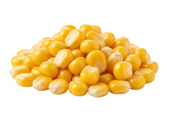 Plump, glossy golden sweet corn kernels in a vibrant pile, intricate textures, against a pristine transparent background with copy space, macro lens, sharp focus, Concept of fresh healthy eating