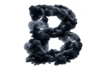 Letter b. Dark, volumetric smoke forming the alphabet character on a transparent background, creating a moody effect
