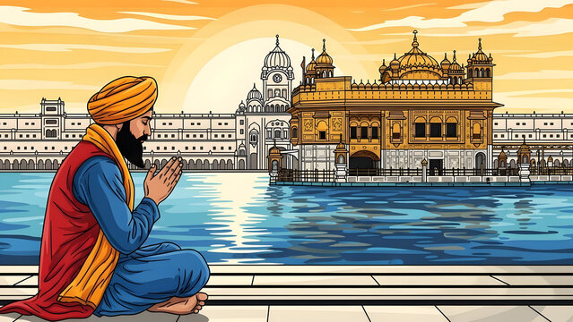a Devout Sikh Man Offering Prayer at the Sacred Golden Temple in Amritsar, Featuring Bold Artistic Colors and Traditional Spiritual Atmosphere.